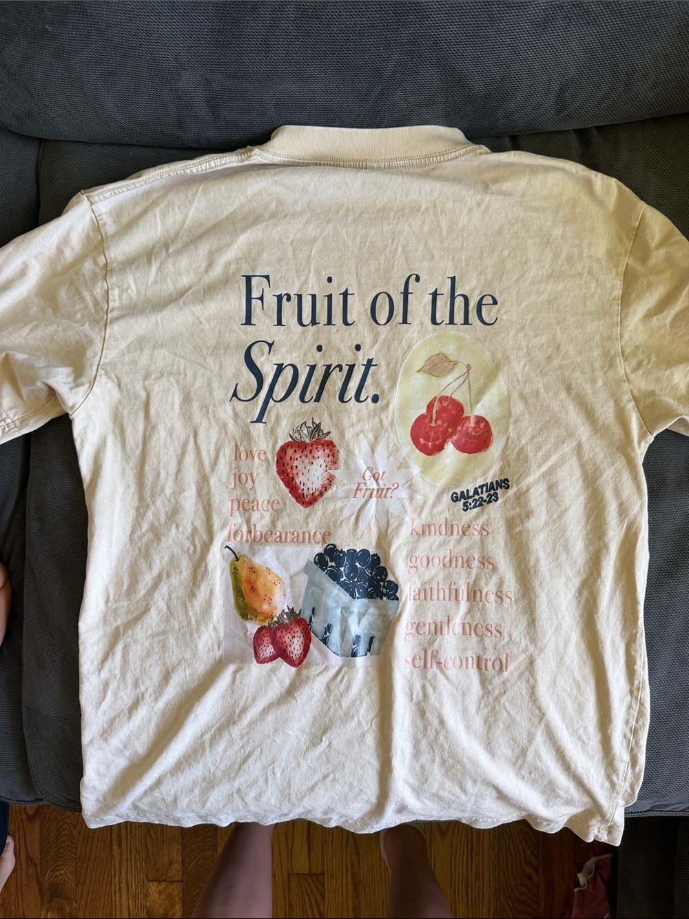 Fruit of the Spirit Graphic Tee - Cream with Red & Blue Fruit Print